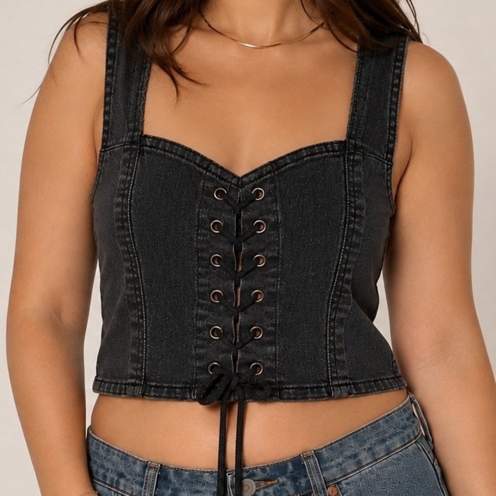 Forever 21 Black Denim Lace Up Corset Crop Top Washed Medium Sleeveless Bustier
